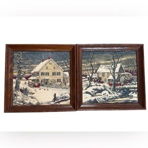 2 Kay 100% Linen Hand Prints Vintage Framed Artwork Winter Farmhouse Scenes